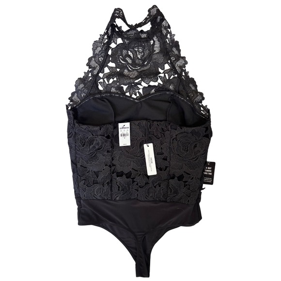 Express Black Floral Lace Halter Bodysuit Top Women's Medium Halloween NEW - Picture 1 of 11